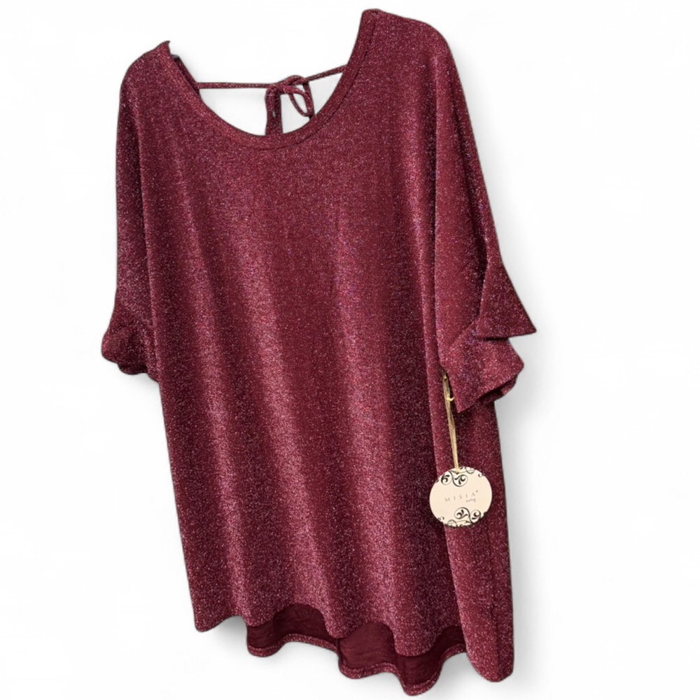 NWT Misia Curvy 2X Burgundy Metallic Sparkle Tie-Back Ruffle Sleeve Top - Picture 4 of 9